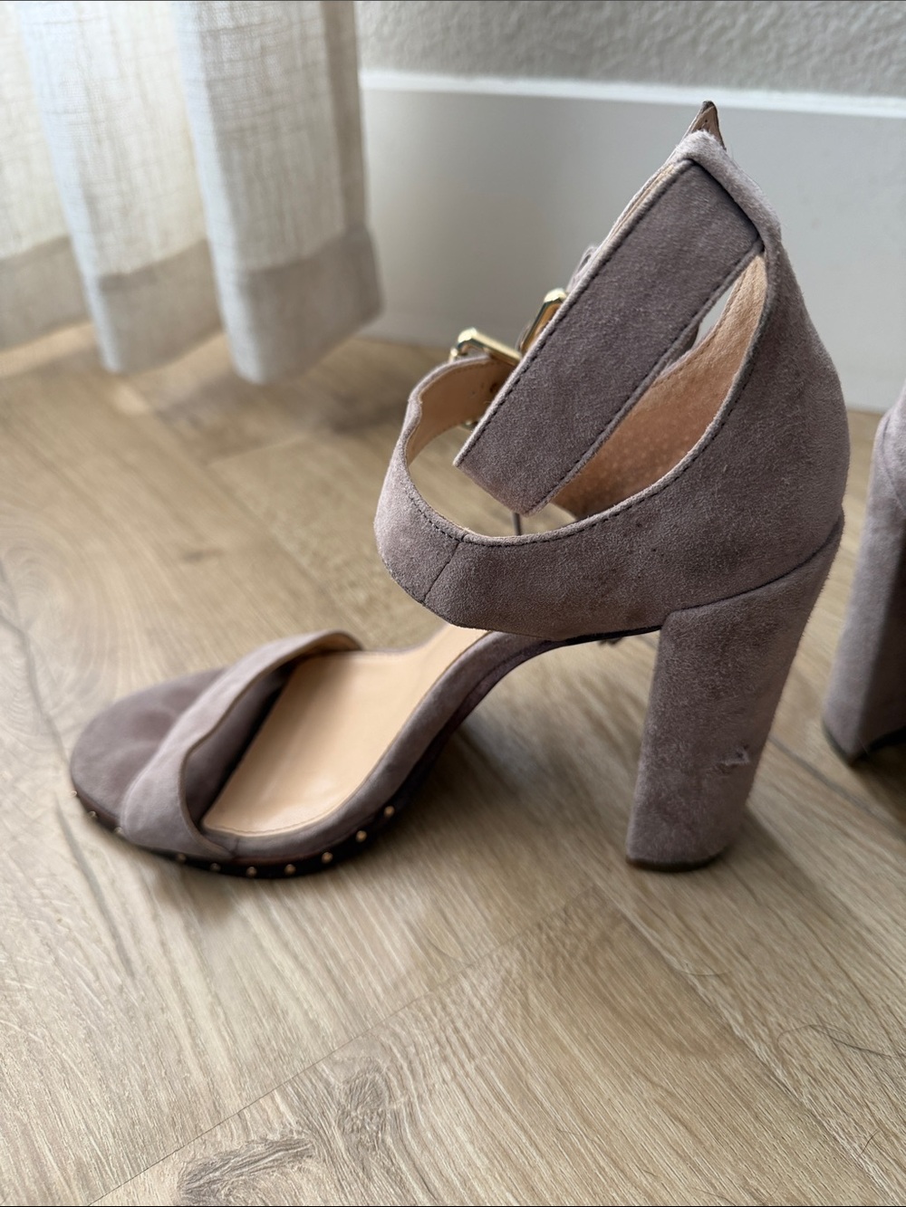 Vince Camuto Taupe Suede Block Heel Sandals with Fringe Ties - Picture 3 of 5